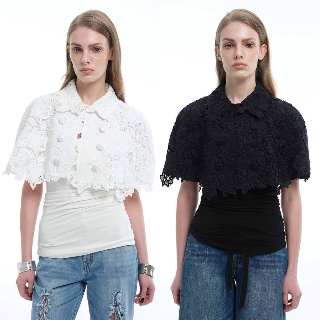 8ght 8ghts ‘Brocade’ Lace Cropped Cape-Style Blouse with Openwork Detail – Women’s Top