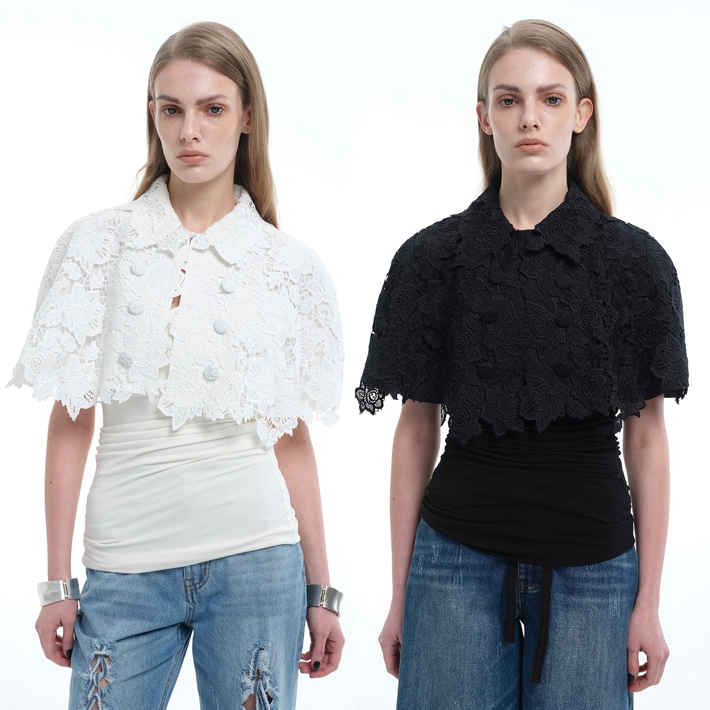 8ght 8ghts ‘Brocade’ Lace Cropped Cape-Style Blouse with Openwork Detail – Women’s Top