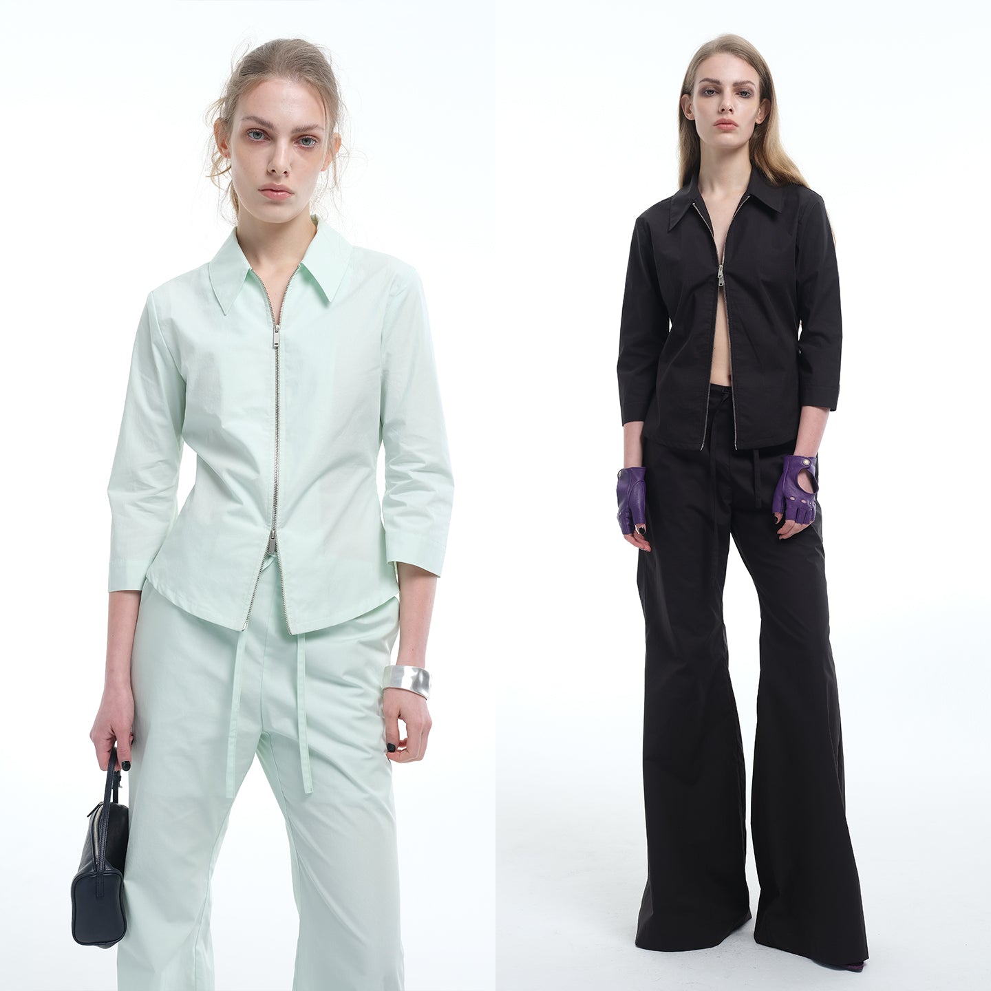 8ght 8ghts ‘Vent’ Pima Cotton Zip-Up Shirt and Slightly Flared Straight-Leg Trousers Women’s Set