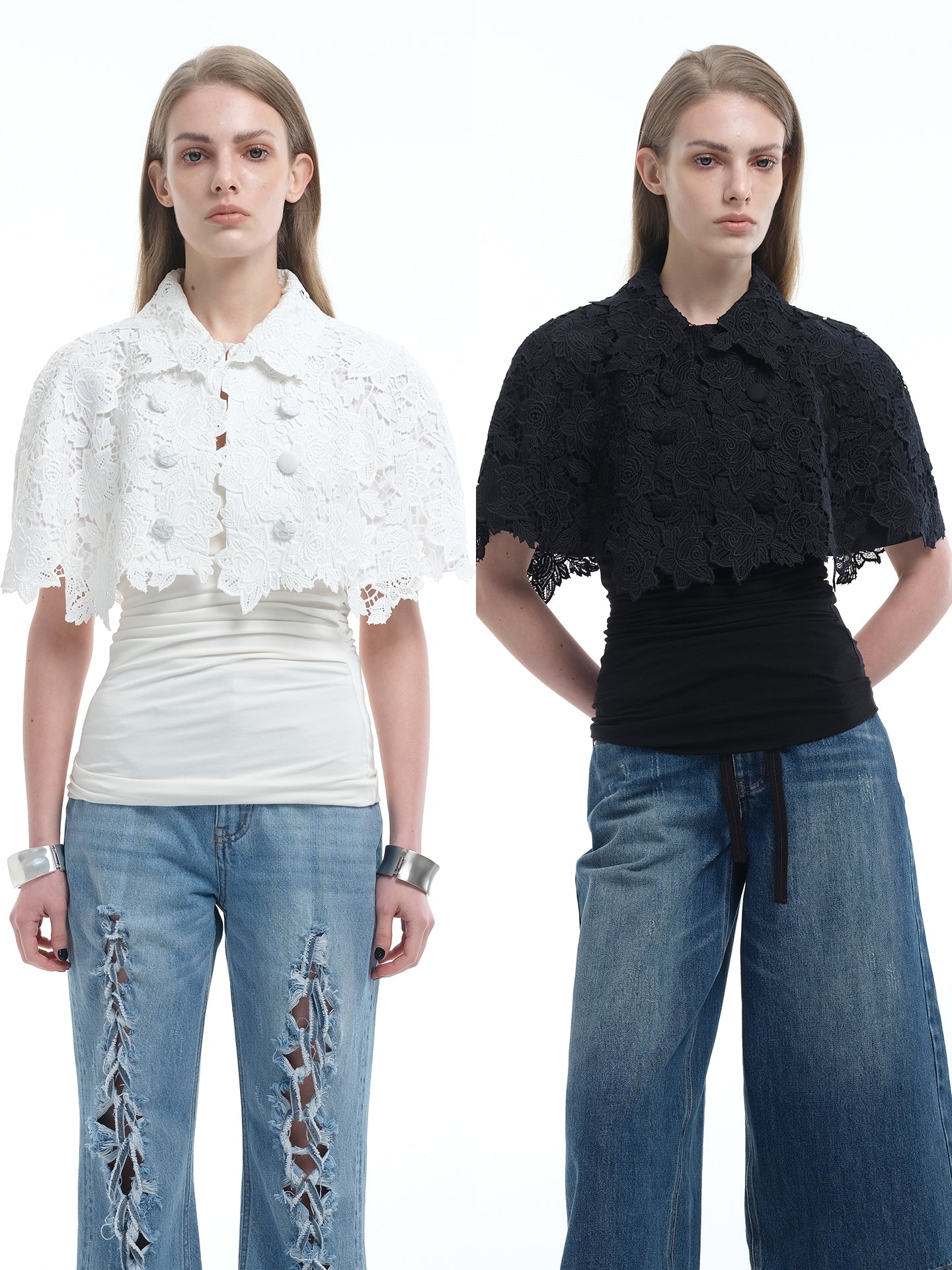 8ght 8ghts ‘Brocade’ Lace Cropped Cape-Style Blouse with Openwork Detail – Women’s Top