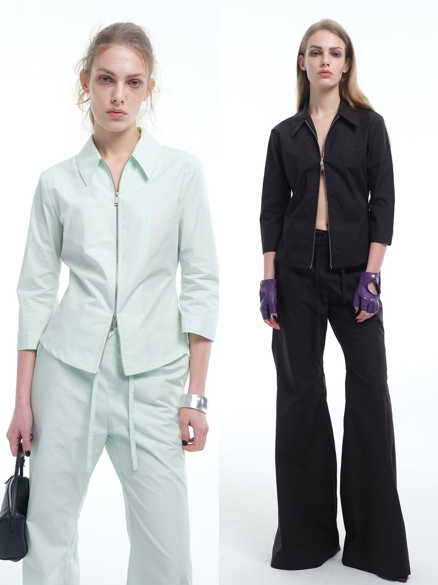 8ght 8ghts ‘Vent’ Pima Cotton Zip-Up Shirt and Slightly Flared Straight-Leg Trousers Women’s Set