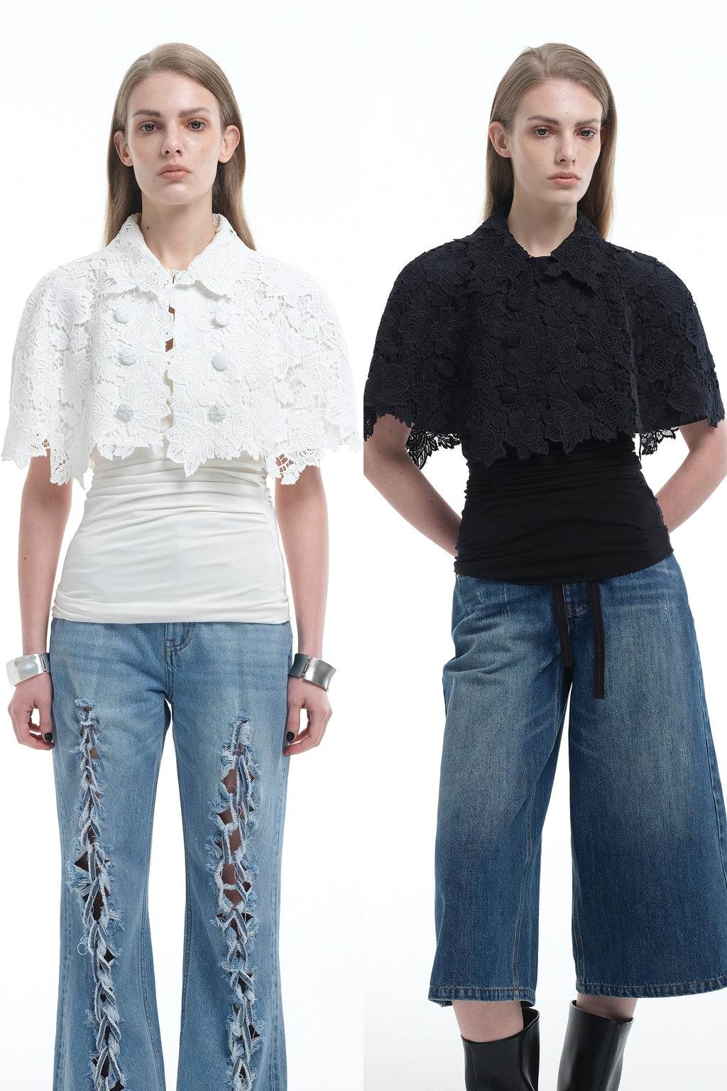8ght 8ghts ‘Brocade’ Lace Cropped Cape-Style Blouse with Openwork Detail – Women’s Top