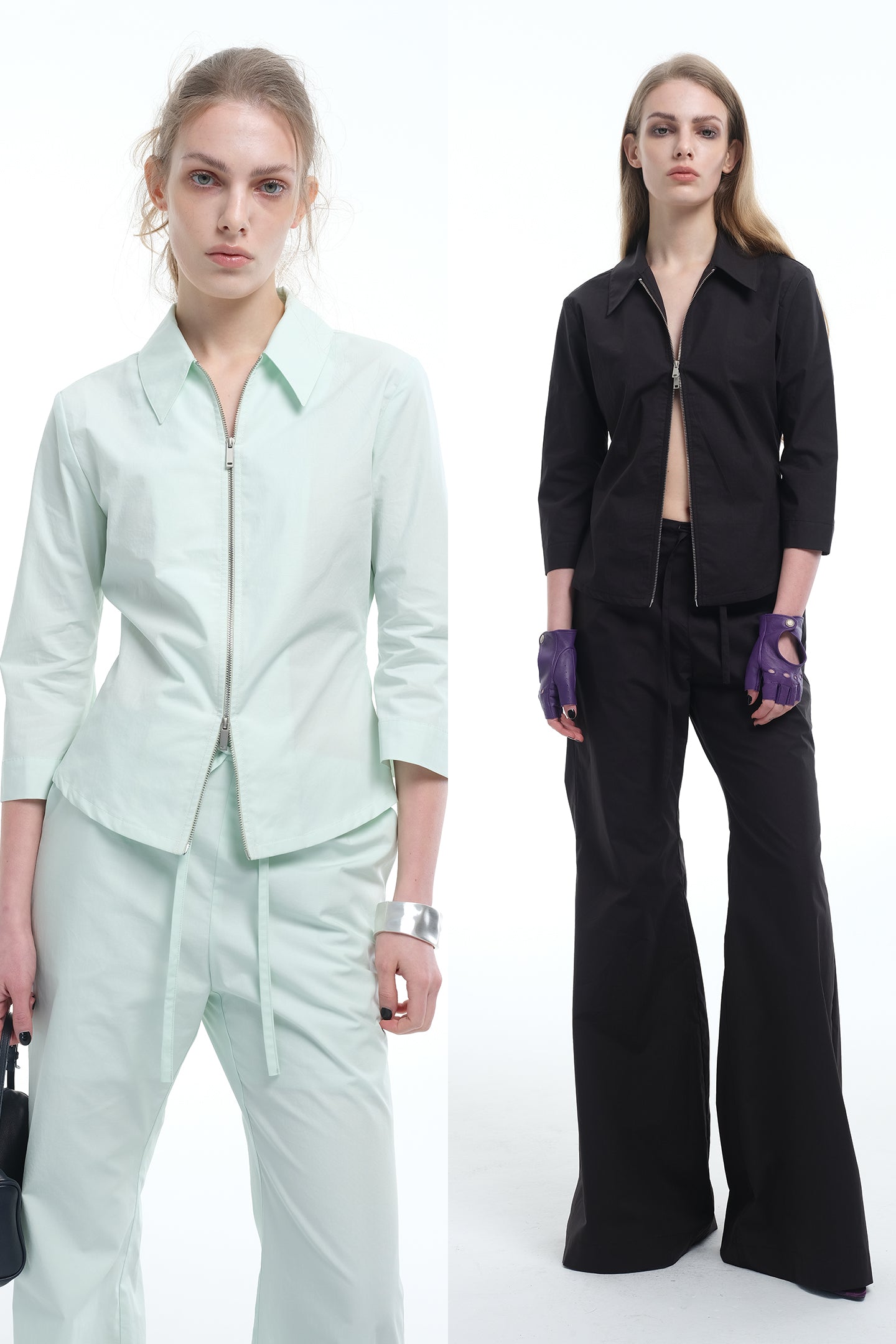8ght 8ghts ‘Vent’ Pima Cotton Zip-Up Shirt and Slightly Flared Straight-Leg Trousers Women’s Set